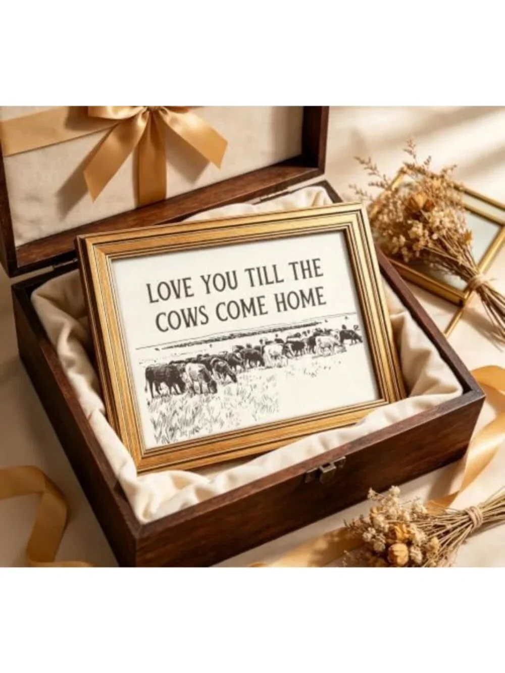 Vintage Gold Framed Cow Wall Art - Rustic Western Landscape Canvas Decor 9x11